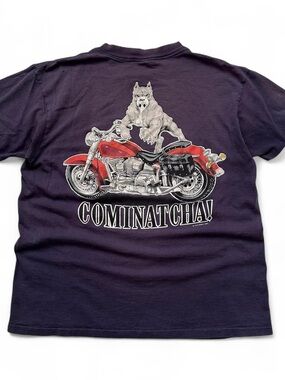 Vintage 90s Men's Navy Graphic Short Sleeve Tee with Red Motorcycle and dog XL
